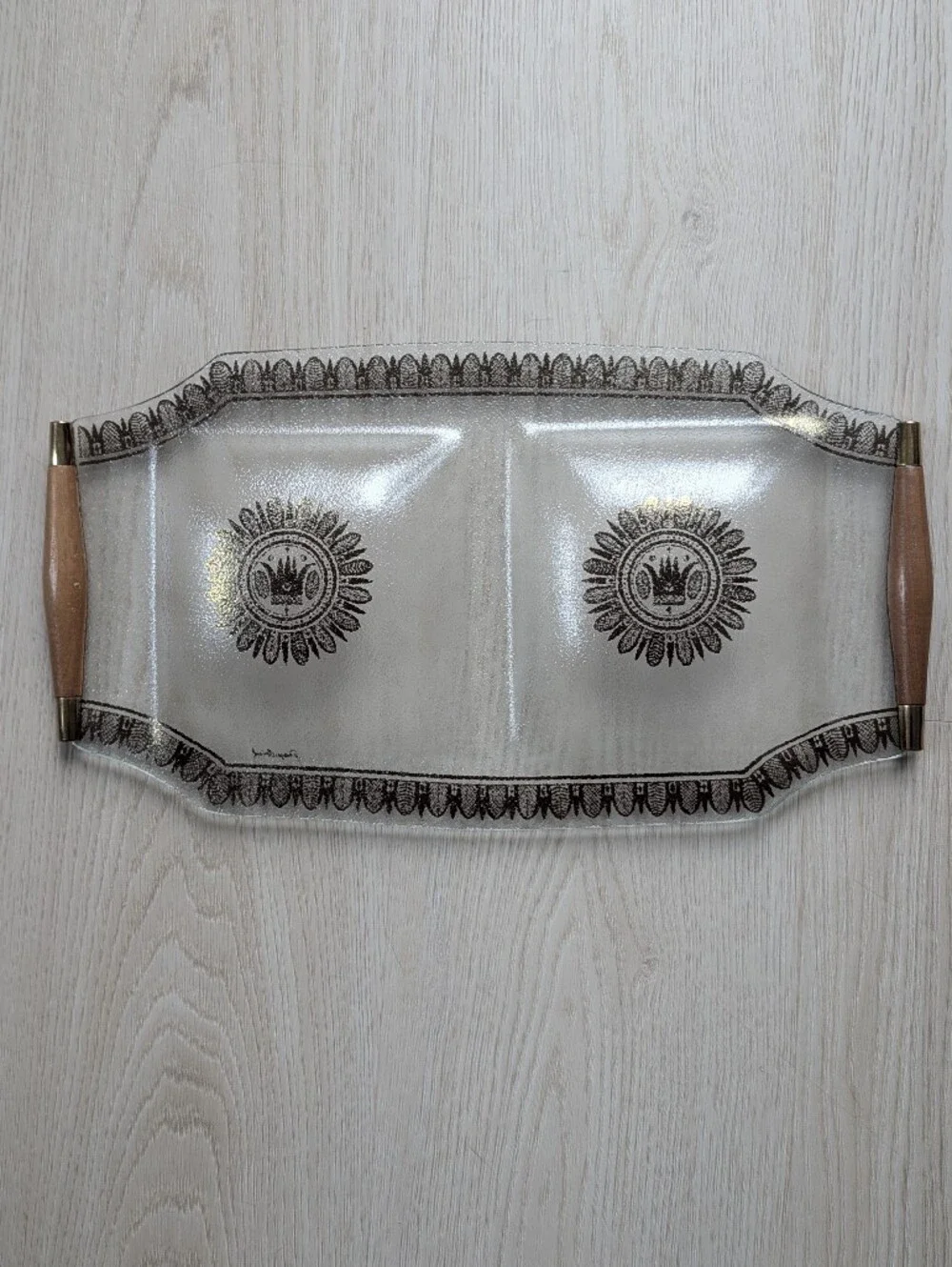 Vintage Georges Briard Glass Tray, Teak Handles, Gold & Brown Design.